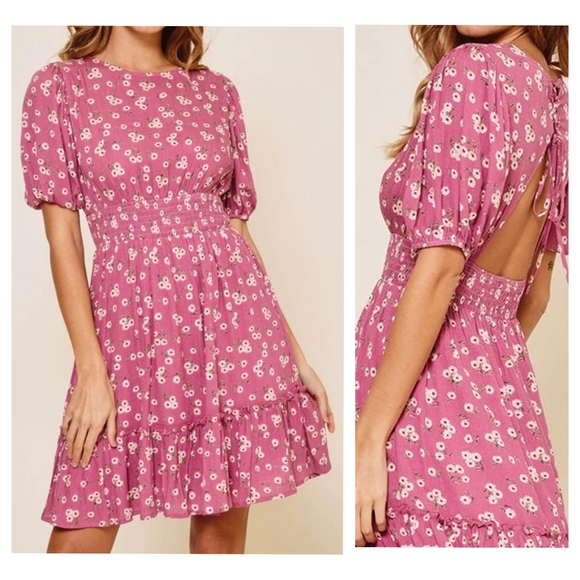 Mauve pink daisy floral smocked waist open back ruffle hem dress puff sleeve - Picture 1 of 5